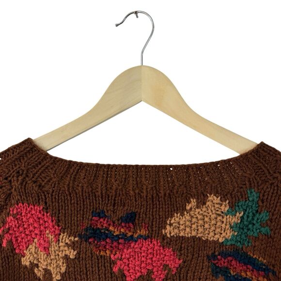 Vintage Handknit X-Large Sweater Cardigan Leaves Fall Dark Brown Womens READ - Picture 13 of 16